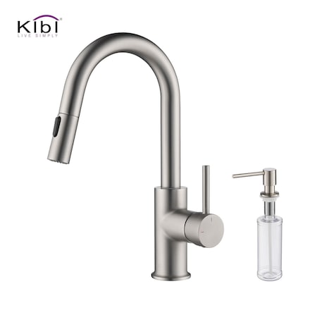 Kibi Circular Single Handle Pull Down Kitchen & Bar Sink Faucet with Soap Dispenser C-KKF2011BN-KSD100BN